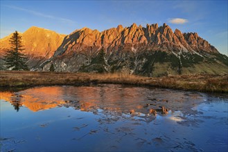 Autumnal alpine pasture at sunrise, alpenglow, frozen water with reflection, Hochkönig, Hochkeil,