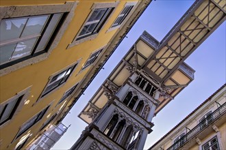 Historical Santa Justa Lift in Lisbon under a clear blue sky, Elvador De Santa Justa, Lisbon