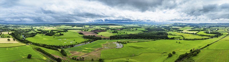 Panorama of Farms and Fields over River Eden and River Eamont from a drone, Cumbria, England,