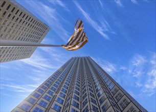 American flag in Miami downtown financial center near Biscayne bay and South beach