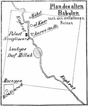 Plan of ancient Babylon on the Euphrates, preserved ruins, palace, village of Hillah, Babylonia,