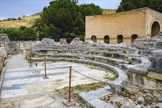 Ruins of historic Roman amphitheatre from antiquity in excavation site remains of ancient Roman