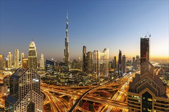 Burj Khalifa skyline tallest building in the world from above in Downtown at night in Dubai, United