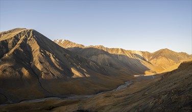 Arabel Pass, mountain valley in the morning, barren landscape, Burkhan Valley, Tien Shan, Issyk Kul