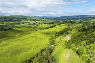 Farms and Fields over Yorkshire Dales National Park from a dron, North Yorkshire, England, United