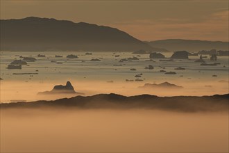 Icebergs in the fog, midnight sun, summer, Ilulissat, Ilulissat Icefjord, Disko Bay, West