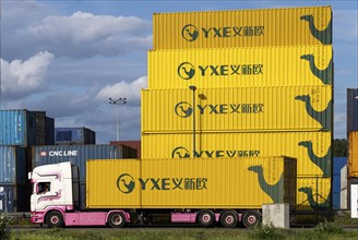 Container of the Chinese goods train operator YXE from Yiwu, China, part of the Silk Road route