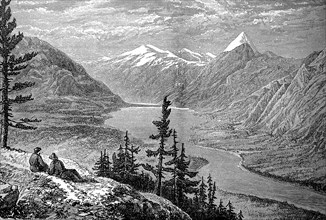 The Athabasca River in the province of Alberta in Canada in 1880, Historical, digital reproduction