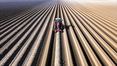 An aerial photo shows a tractor in a large asparagus field. Preparations for the asparagus season.