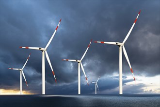 Several wind turbines in the North Sea, thunderstorm, wind turbine, Lower Saxony, Federal Republic