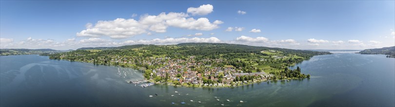 Aerial view, panorama of the Höri peninsula with the village of Wangen, Untersee, Lake Constance,