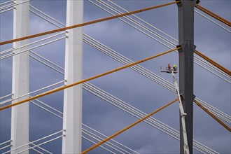 The new Rhine bridge Neuenkamp, the A40, white pillar ropes, and the old motorway bridge, which is