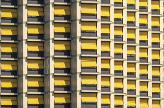 Façade of a building with uniform yellow sun visors, all closed