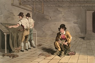 Scene from everyday life in England around 1810, Child labouring at the draper's, Boy preparing