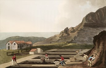 Scene from everyday life in England around 1810, alum industry, alum work, mining of salt in