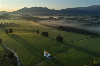 Aerial view of a chapel in front of mountains, morning light, Sankt Johannisrain, view of Zwiesel