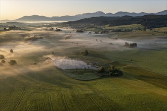 Aerial view of a lake in front of mountains in summer, morning light, view of Benediktenwand,