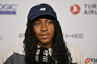 Coco Gauff USA portrait, press conference, PK, interview, microphone, mike, logo, WTA, tennis,