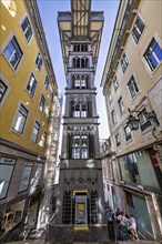 Neo-gothic style elevator connecting lower streets with a higher urban district in Lisbon, Elvador