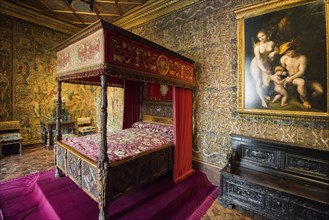 Historic bedroom, Chenonceau Castle, Château de Chenonceau, Department Indre-et-Loire, Centre-Val