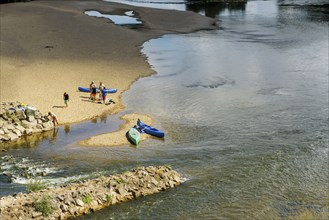 Canoe paddler on a sandbank, Allier, near Nevers, Loire Valley, Département Cher, Centre, France,