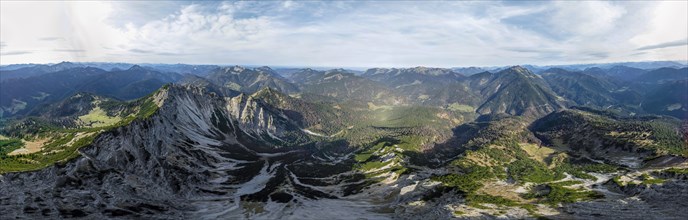 Aerial view, Alpine panorama, Bavarian and Austrian Schinder, Tegernsee mountains in the Mangfall