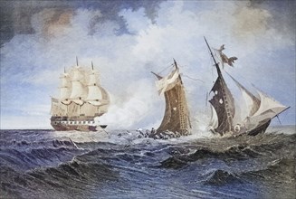 Destruction of the privateer ship Petrel by the Saint Lawrence River in 1861, USA, Historical,