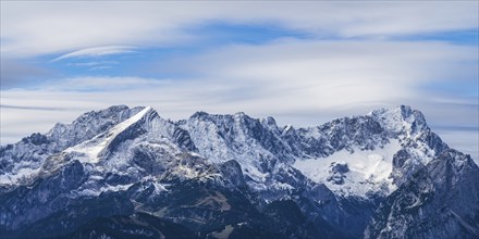 Panorama of the Wetterstein mountains with Alpspitze 2628m and Zugspitze 2962m, Werdenfelser Land,