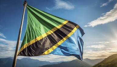 Flags, the national flag of Tanzania flutters in the wind