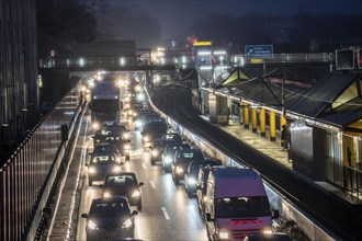 Traffic jam on the A40 motorway, Ruhrschnellweg, in Essen, underground station Essen