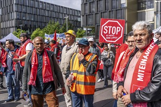 Demonstration by many thousands of steelworkers in front of the ThyssenKrupp headquarters in Essen