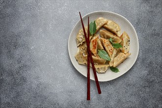 Japanese fried gyoza dumplings, with pork, sesame seeds, green onions