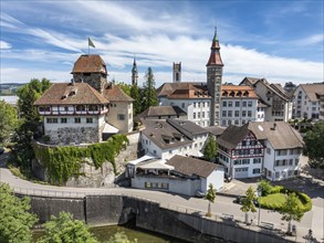 Aerial view, townscape, city centre, old town of Frauenfeld, with the Frauenfeld castle and the