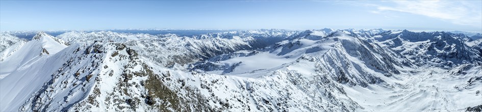 Cevedale summit, Alpine panorama, Aerial view, Snow-covered mountain landscape, Ortler group,