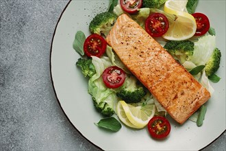 Grilled salmon fillet, with vegetables, broccoli, cherry, iceberg lettuce, spices and herbs,