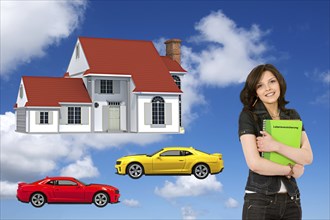 Young woman in front of detached house holding portfolio, with a life insurance policy, wishes,