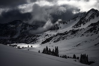 Mountain valley with light and shade in winter, Baad, Vorarlberg, Austria, Europe