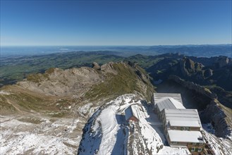 View from the alpine peak SÃ¤ntis to the hotel and the Appenzell Alps, 2505m altitude, SchwÃ¤galp,