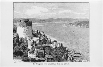 Bosphorus seen from the European shore, Constantinople, Istanbul, continents, ruined tower, villas,