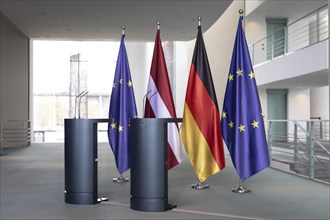 The European flag, the Latvian flag and the German flag at the Chancellery in Berlin, 27 March 2024