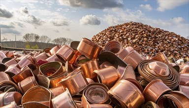 Material, metal, copper, a large amount of copper metal waste on a stockpile for recycling