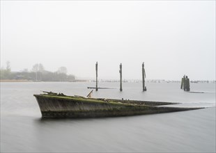 Long exposure, ship's bow in the Bodden, Dranske, Rügen, Mecklenburg-Western Pomerania, Germany,