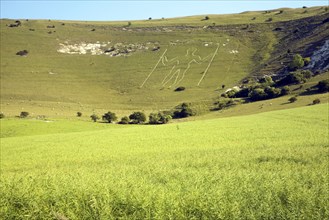 Prehistoric image in chalk hillside, The Long Man of Wilmington, East Sussex, England, United