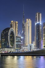 View of Dubai Burj Khalifa skyline tallest building in the world downtown at night in Dubai, United