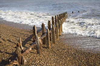 Old broken and abandoned wooden groynes on shingle beach, Bawdsey, Suffolk, England, United