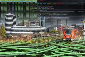 Symbolic image of critical infrastructure, Düsseldorf skyline, media harbour, data cable, hacker