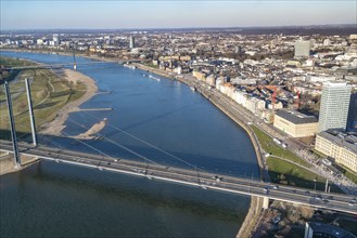 View over the city centre of Düsseldorf, Rheinkniebrücke over the Rhine, Altstadtufer, from North