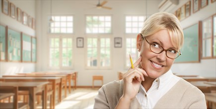 Pretty teacher or student holding pencil standing in her classroom