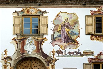 Typical Lüftl painting with brewery team, draught horses, carriage and the patron saint St Jakob,