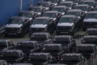 Ford FX4 pickup trucks on stockpile, in the overseas harbour of Bremerhaven, after import from the